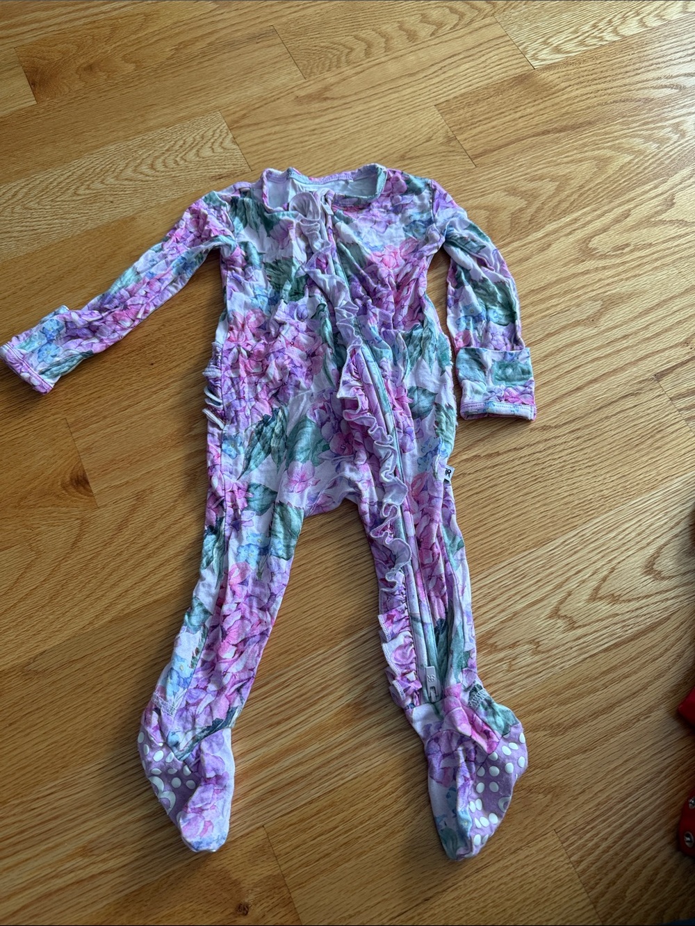 Floral Ruffle Footed One-Piece Pajamas - Pink & Green